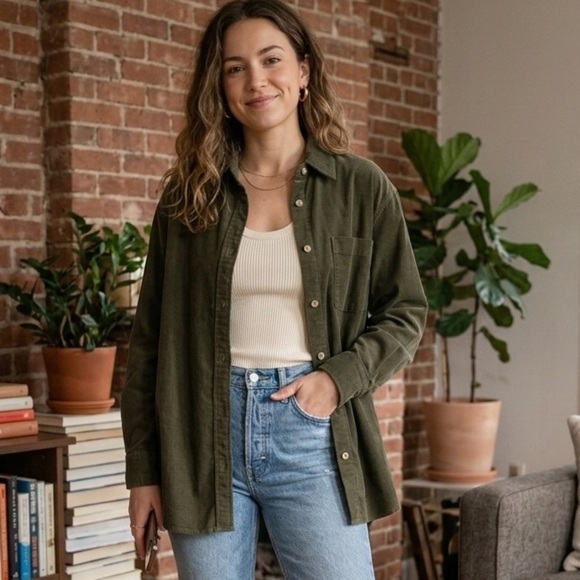 Wilfred Tops - Wilfred Free | Dark Olive Corduroy Boyfriend Shirt | 100% Cotton | Sz XS